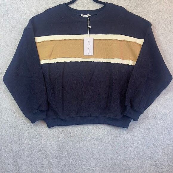 AEMI+CO Oversized Sz M Crew Neck Sweater Blue Tan Color Block  Preppy Boutique - Picture 1 of 8